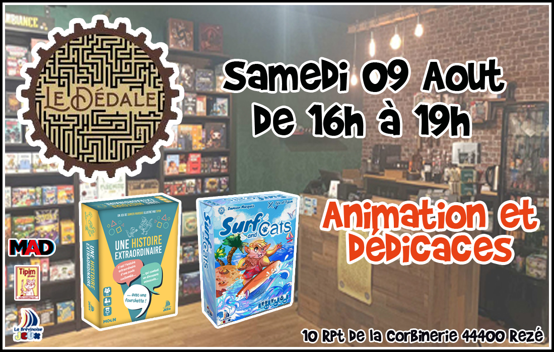 Animation et dédicaces des jeux Une Histoire Extraordinaire et Surf and Cats au Dédale à Rezé (44)