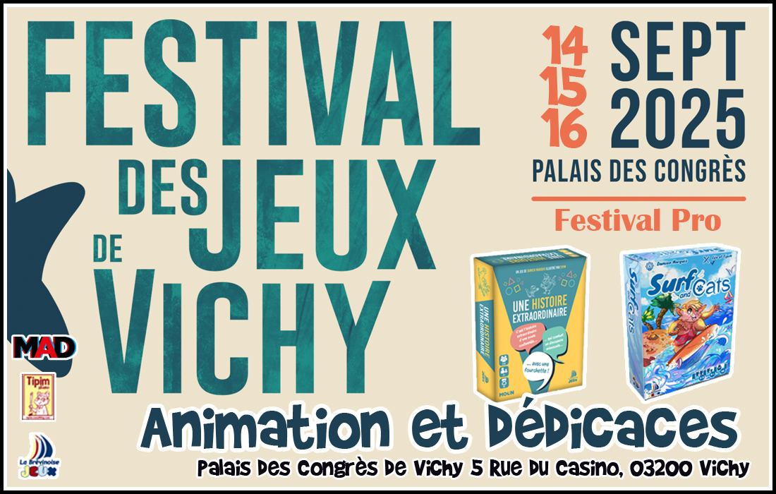 Animation et dédicaces des jeux Une Histoire Extraordinaire et Surf and Cats au festival pro des jeux de Vichy (03)