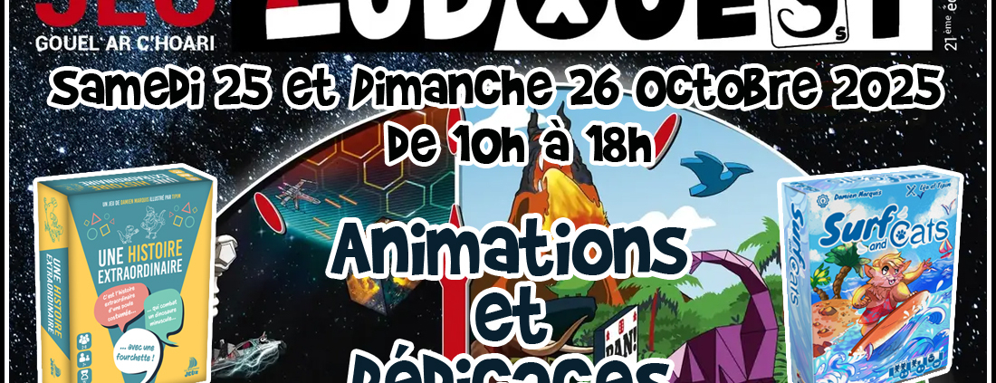 Animation et dédicaces des jeux Une Histoire Extraordinaire et Surf and Cats au festival LudOuest de Theix-Noyalo (56)
