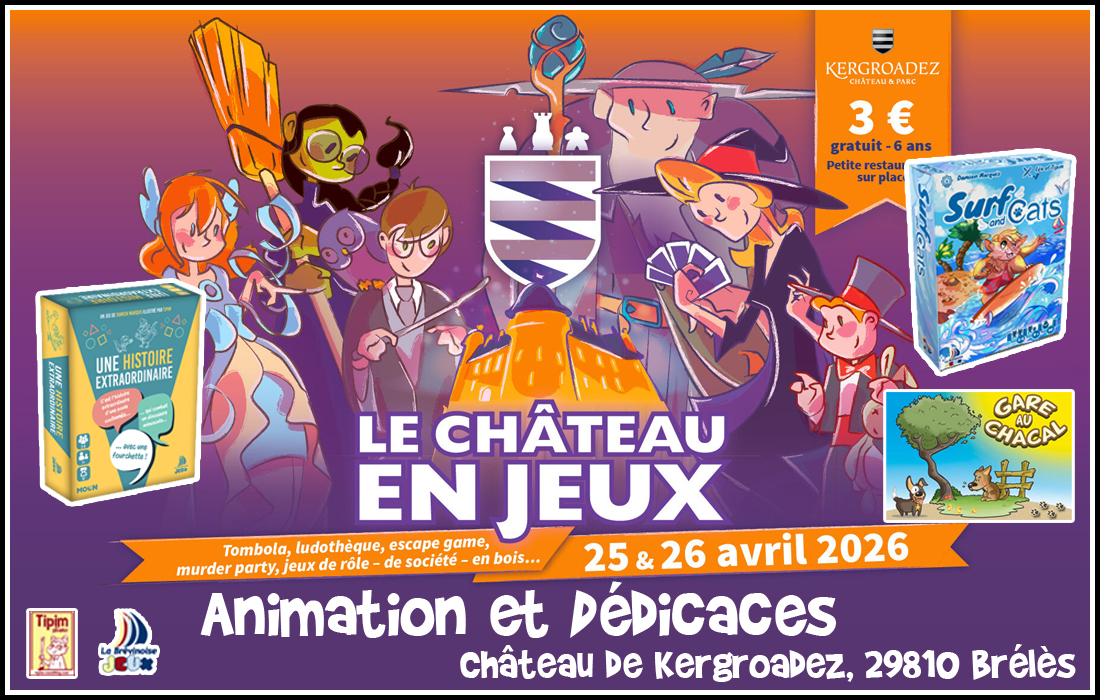 Animation et dédicaces pour les jeux Une Histoire Extraordinaire et Surf and Cats au festival le Château en Jeux de Brélès (29)