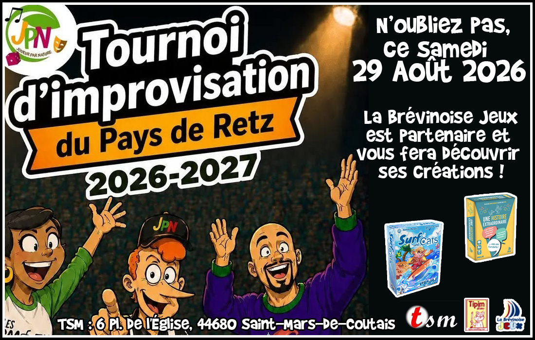 Animation des jeux Une Histoire Extraordinaire, Surf and Cats au Théâtre de Saint Mars de Coutais (44) pour le tournois d'improvisation du pays de Retz